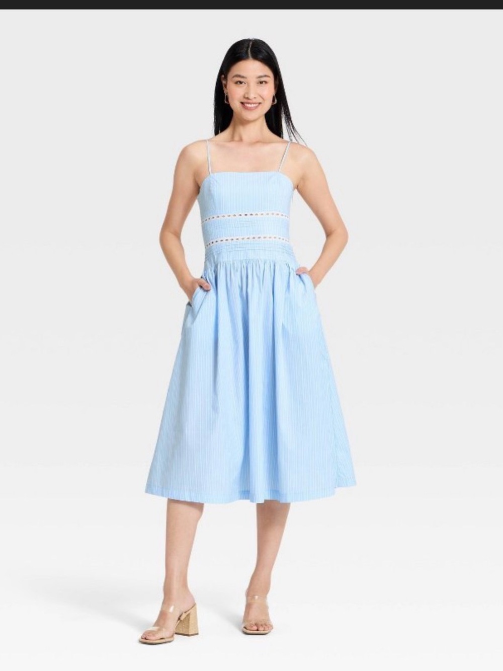 a new day Light Blue Striped Smocked Midi Dress